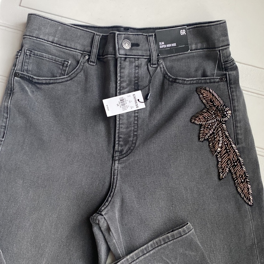 NWT Express Super High Waisted Black Beaded Side Slim Jeans 6R - Picture 9 of 10